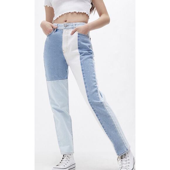 Pacsun Blue Cream Two Tone Color block Patch Work Denim Mom Jeans Size 22 - Picture 1 of 12